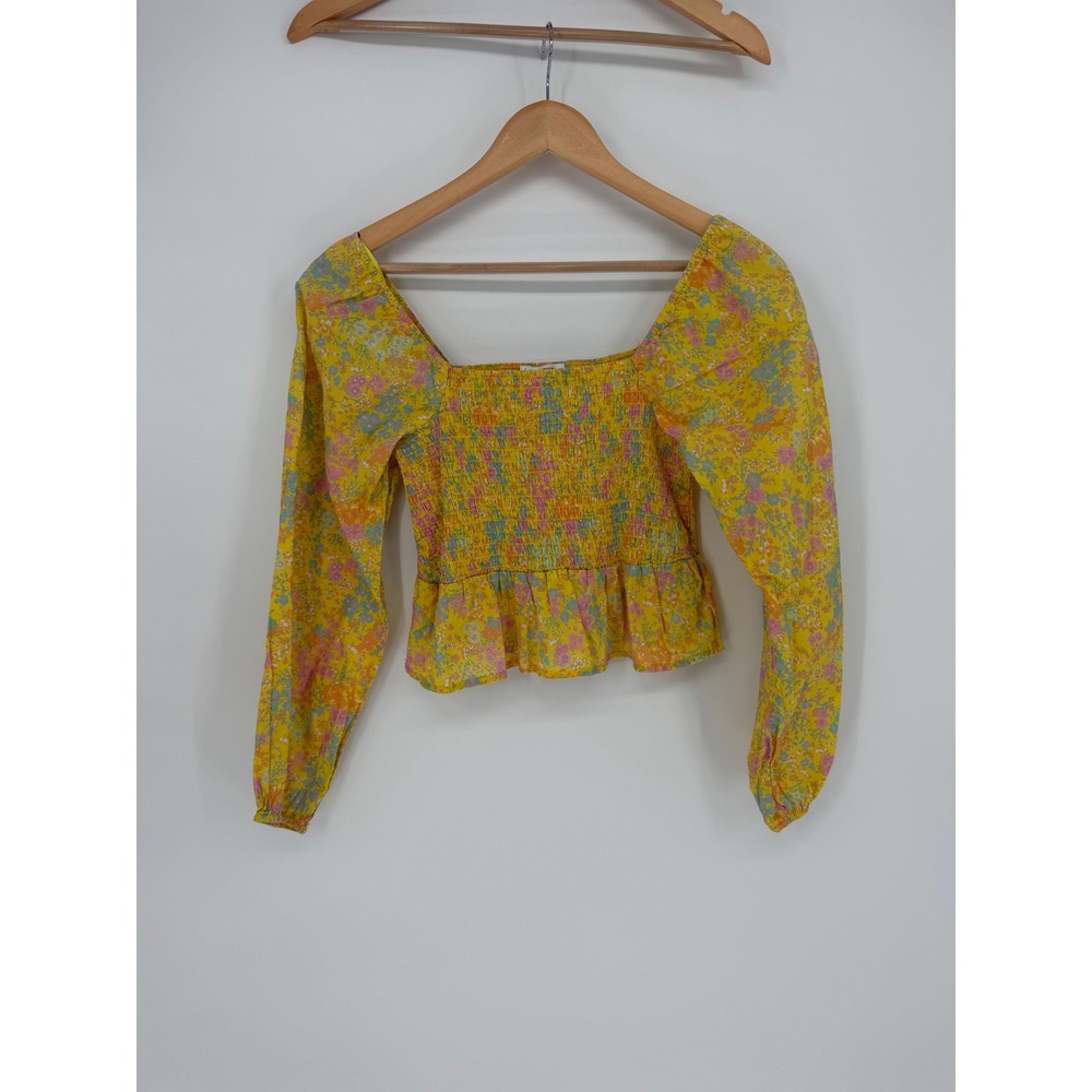 Louna Floral Smocked Peplum Top Small Yellow Cottagecore Coquette Aesthetic‎